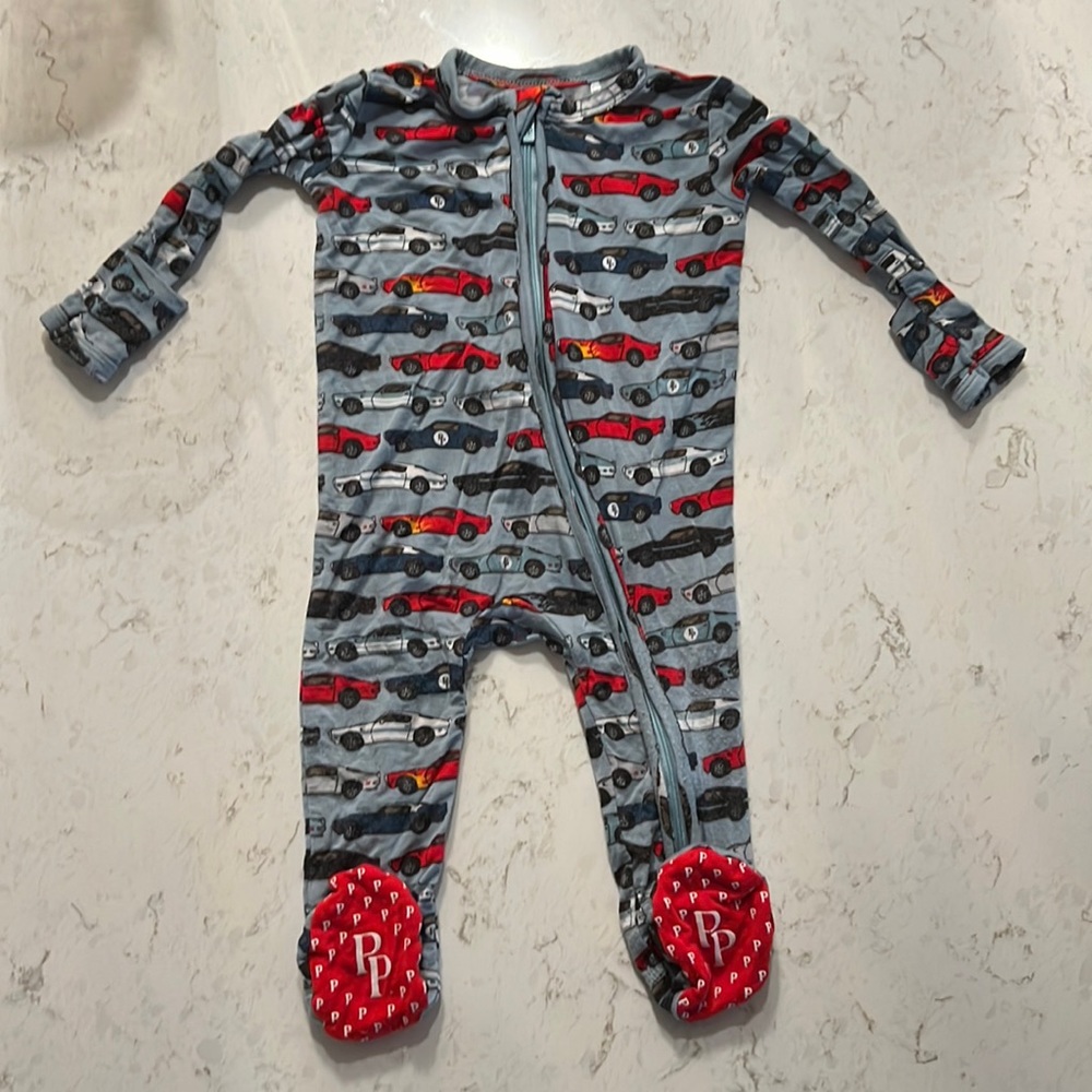 Posh Peanut car print zippered footie 0-3 months